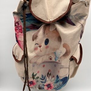 Kawaii Cute Kitten Cat Backpack Canvas Tote Study Bag Cat Lover Drawstring Close